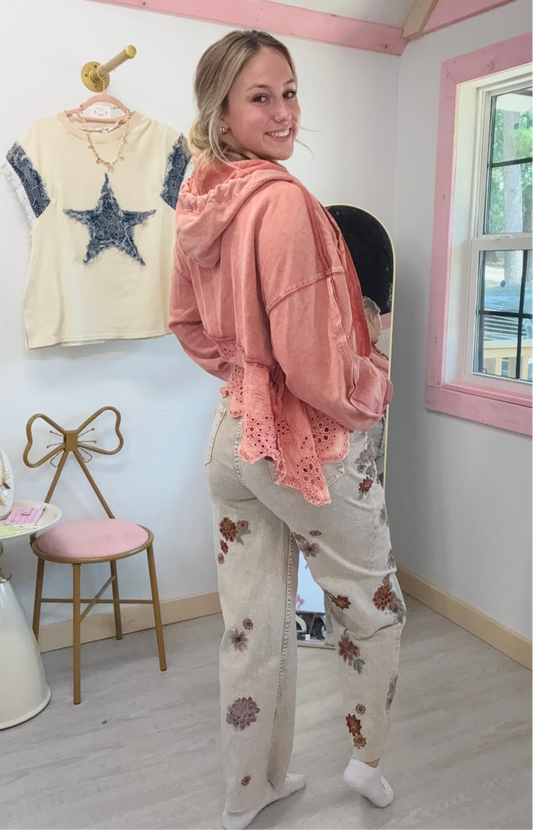 Floral Embroidery Grey Jeans