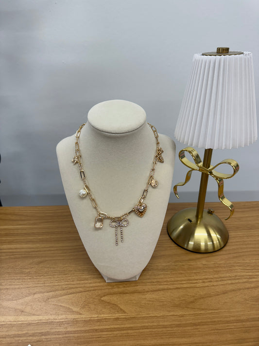 Gold Chunky Paperclip Diamond Bow Necklace