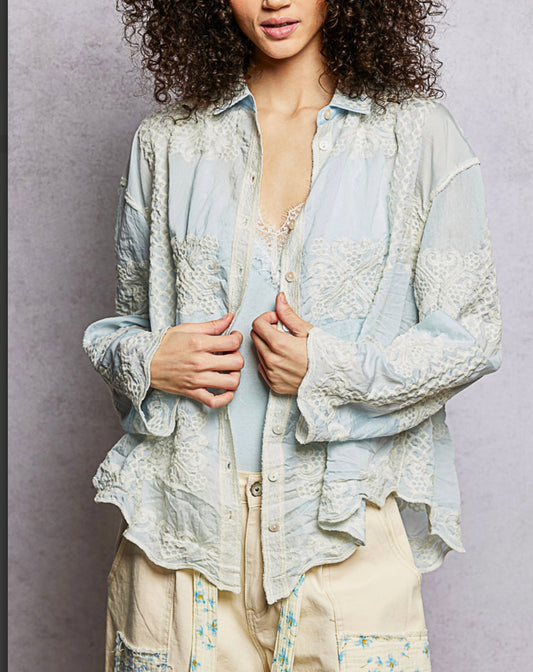 Ocean Blue Button Up Top Pol