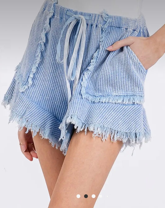 Blue Waffle Knit Fringe Shorts