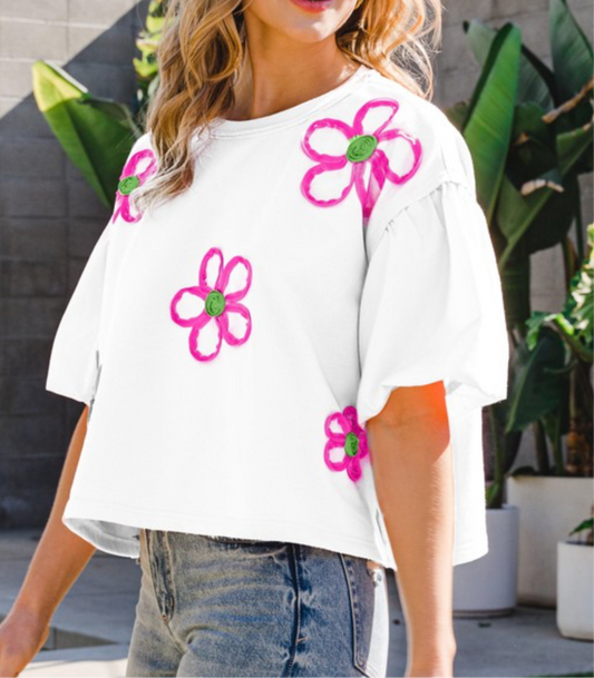 Crisp White with Pink Flowers Top