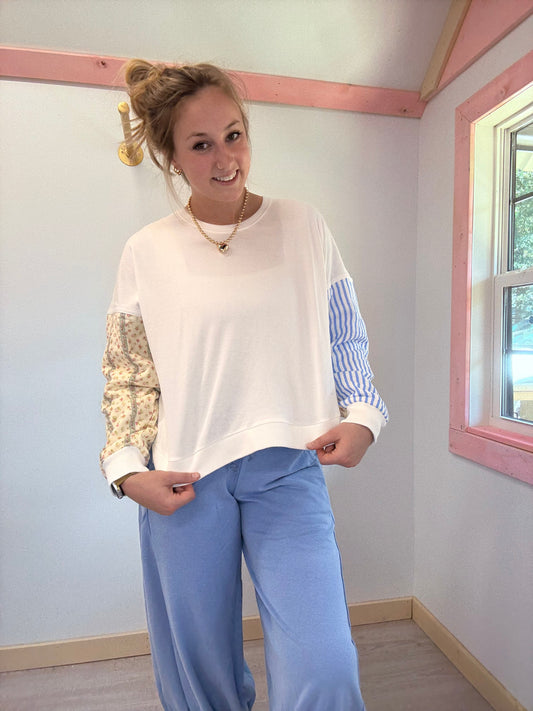 White Blue Stripe with Floral Sleeves Sweatshirt Wishlist