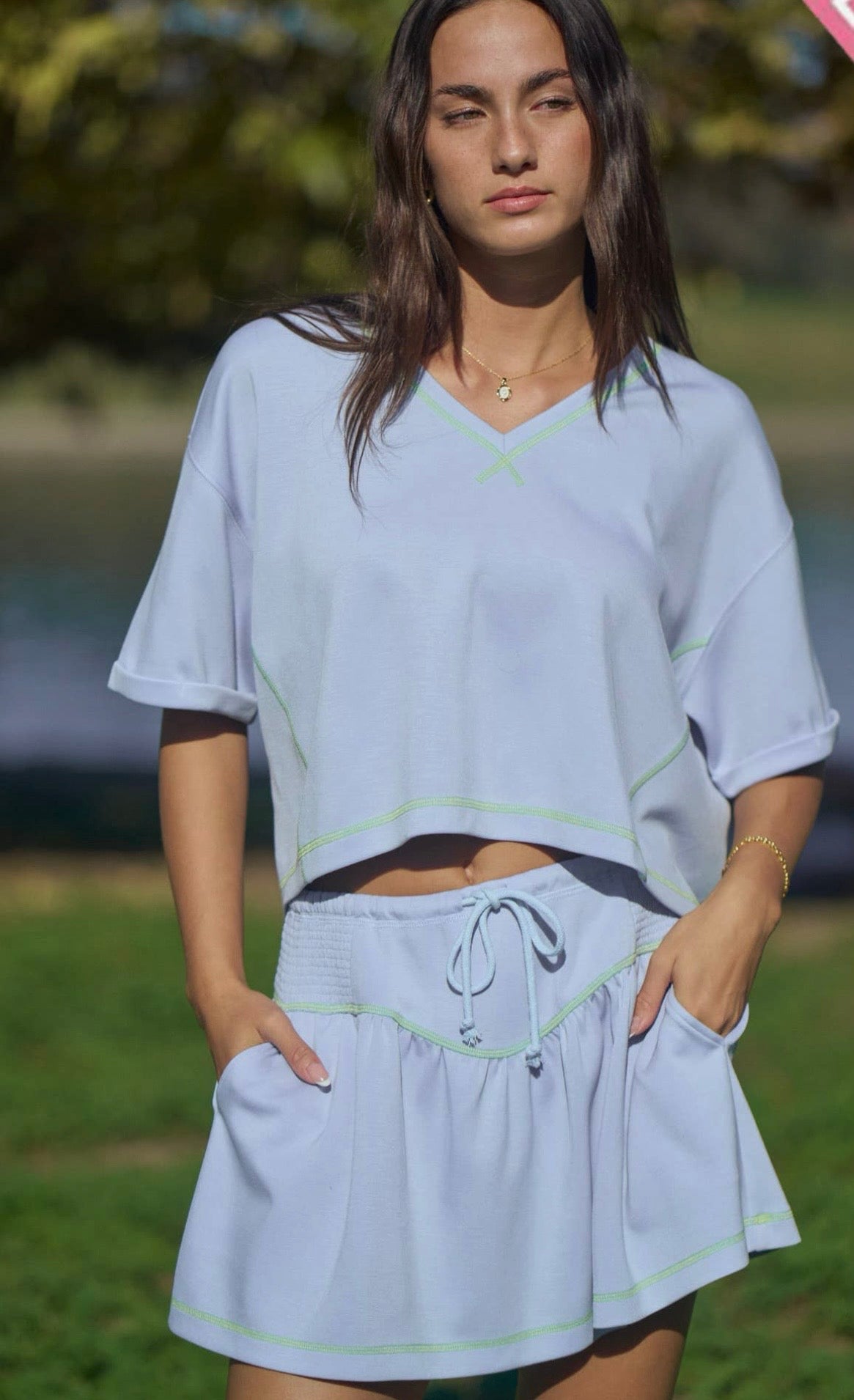 Sky Blue with Lime Stitching Scuba Skort Set