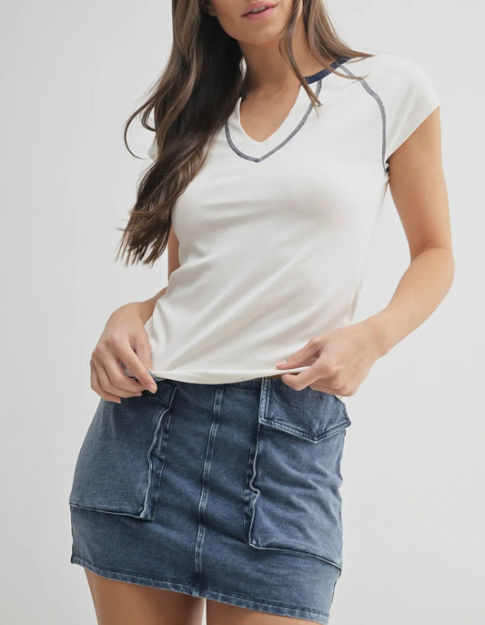 White Ribbed Baby Tee with blue Stitching