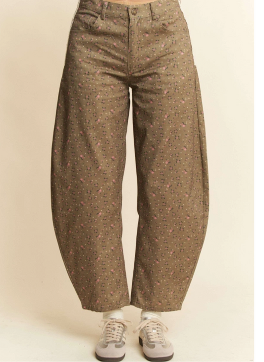 Lt Olive Floral Davi Barrel Pants