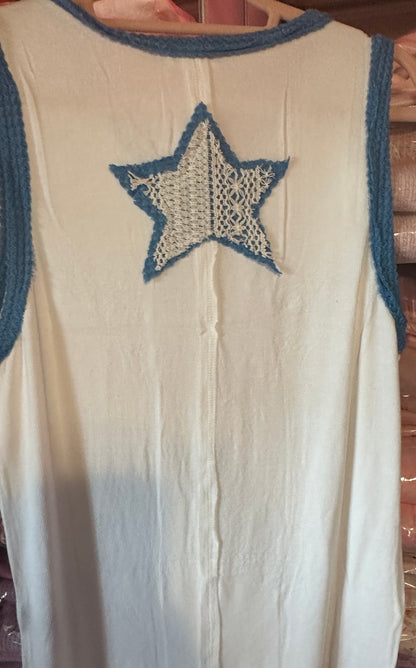 Blue and White Star Top