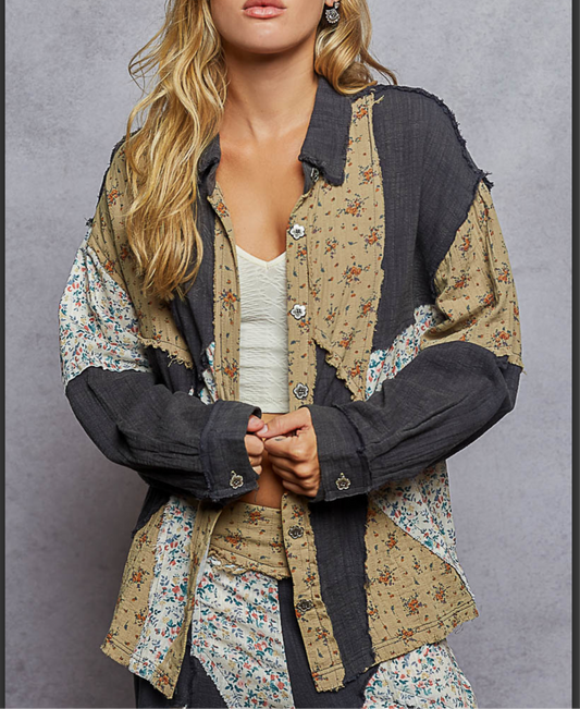 Charcoal Double Gauze Floral Top Pol