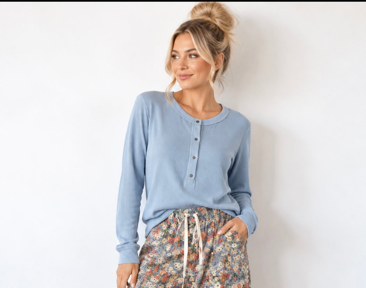 Aemi Pink/ Blue Henley Long Sleeve Top