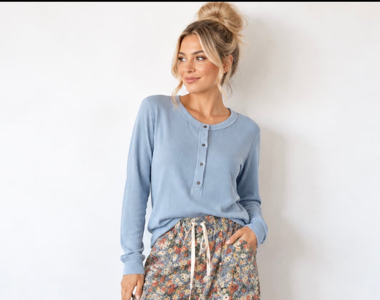 Aemi Pink/ Blue Henley Long Sleeve Top