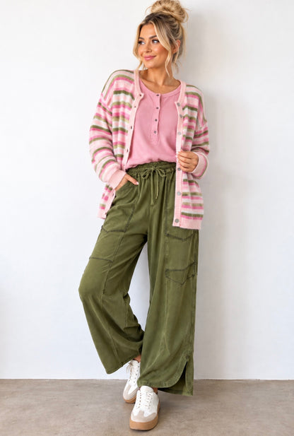 Lelis Multi Stripe Crew Neck Button Cardigan Sweater
