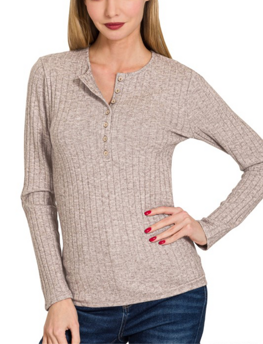 Mocha Ribbed Henley Button Long Sleeve Top