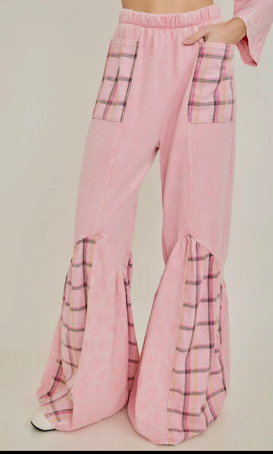 Pink Boho Plaid Flare Leg Pants JHer