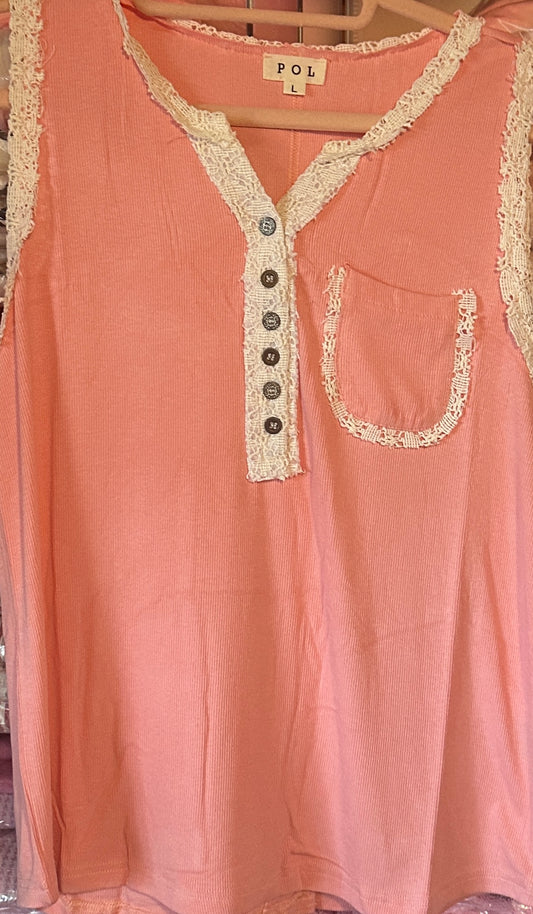 Coral Peach Sleeveless Top with Lace