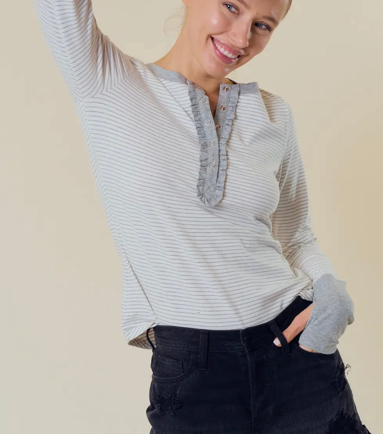 Grey/ Black Stripe Henley Snap Top