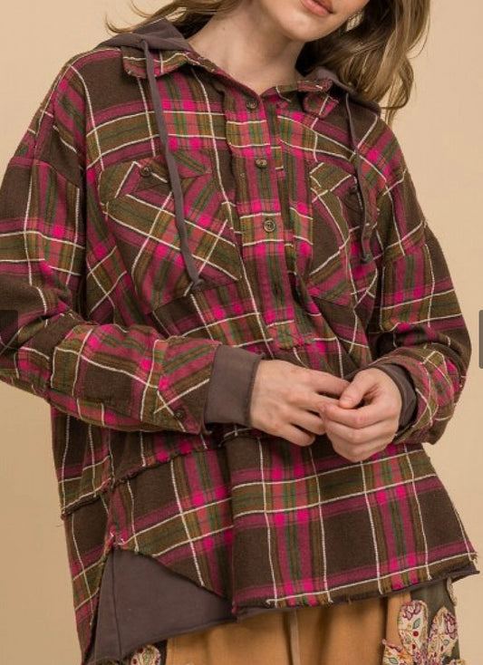 Brown and Dark Pink Plaid Hoodie Top