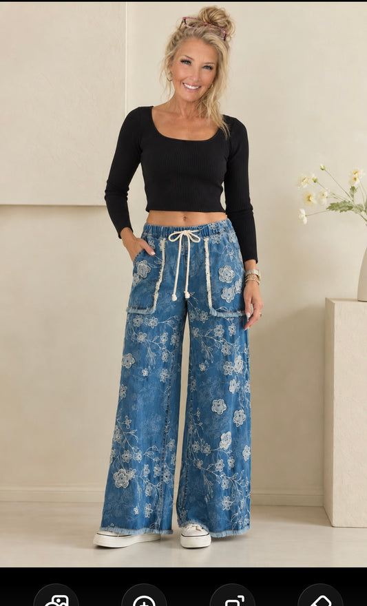Oil & Hali Denim Floral patch Embroidered Pants
