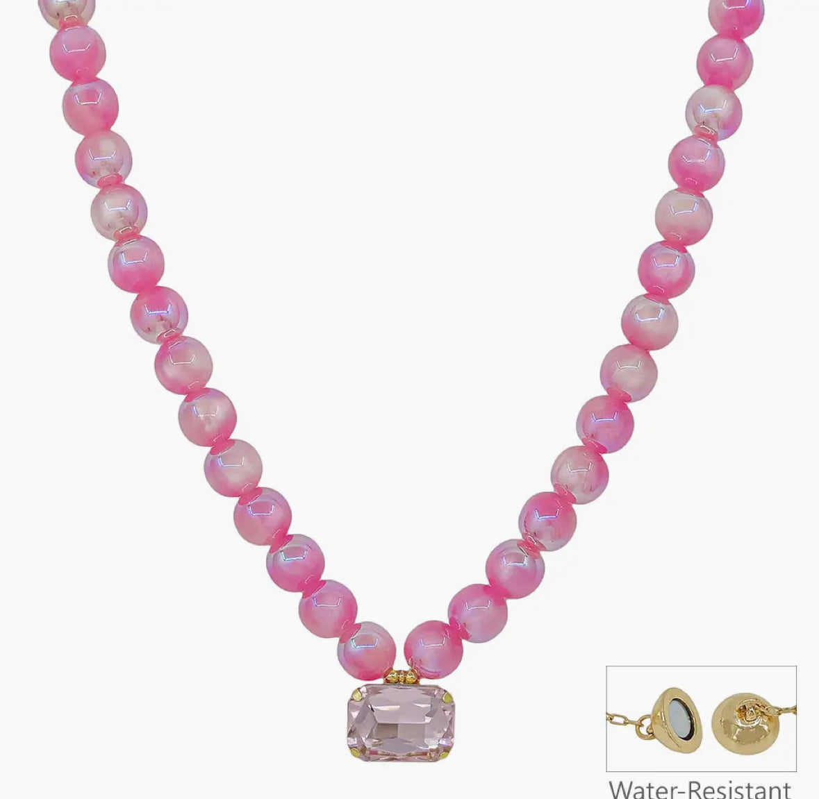 Pink Beaded Acrylic Beaded with Clear Rectangle Crystal 16"-18" Necklace