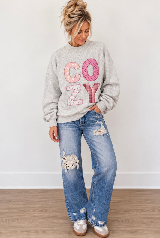 Cozy Patchwork Graphic Oversized Mock Neck Sweatshirt