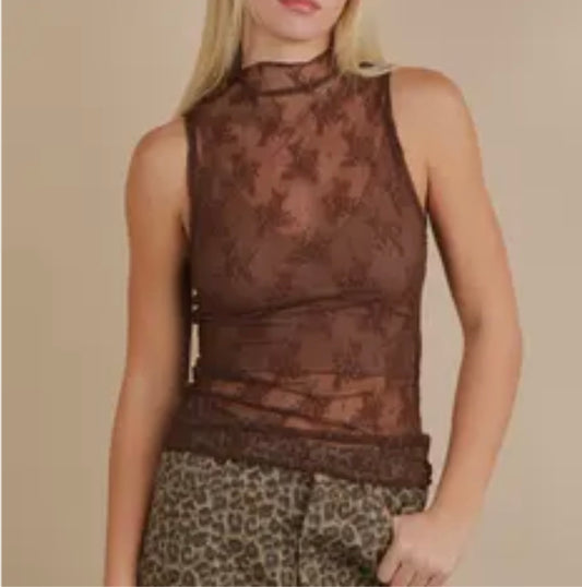 Brown Mesh Sleeveless Top