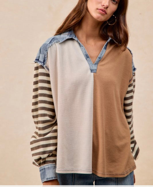 Mocha with Brown Stripe and Denim Top