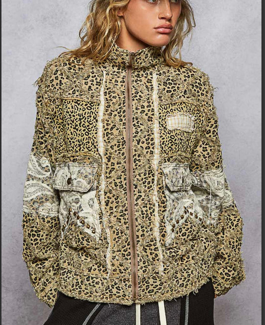 Tan Leopard Cargo Shacket Pockets Pol