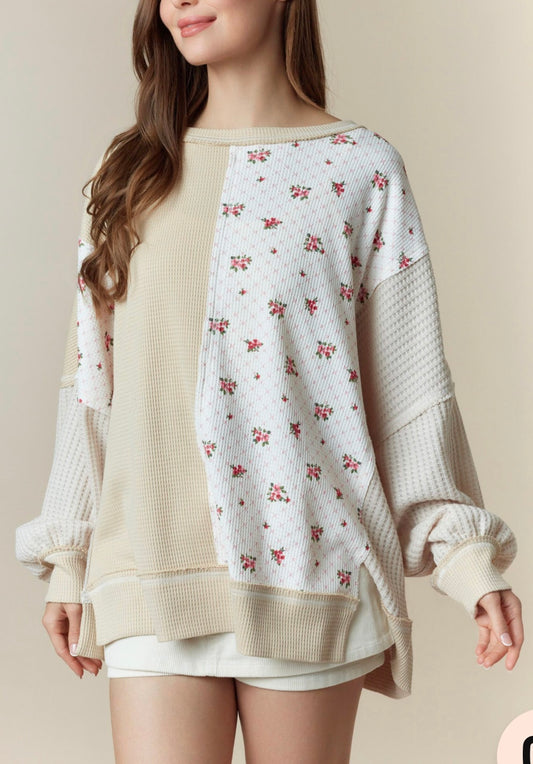 Mira Cream and Floral Oversized Top Peach Love
