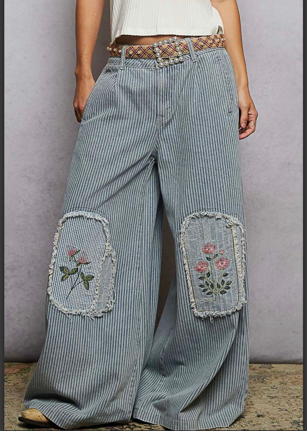 Denim Stripe with Knee Floral Patches  Pants Pol