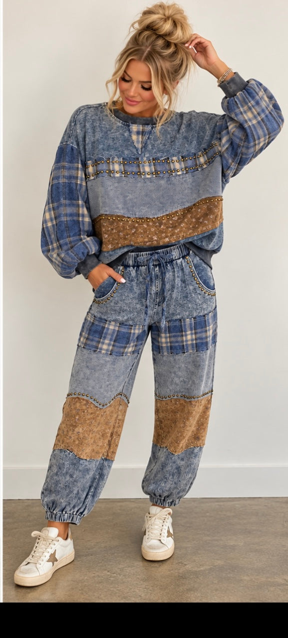 High Rise French Terry Plaid Floral Patch Jogger Pants