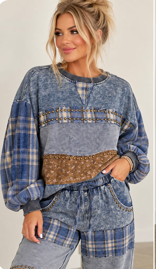 Vintage Washing Stud French Terry Plaid Knit Top