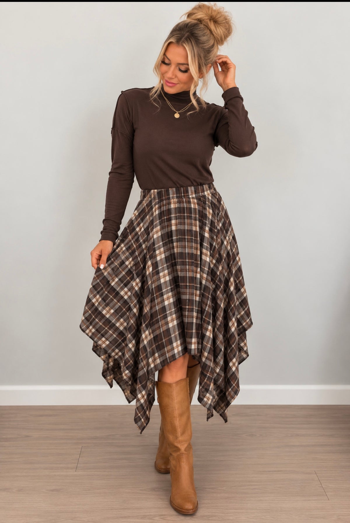 Annie Wear Brown Plaid Uneven-hem Midi Skirt