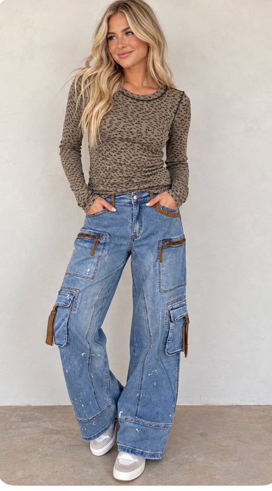 Oil & Hali EP30513 Denim Washed Pant Spattered Suede Trim Detail Denim Cargo Pants