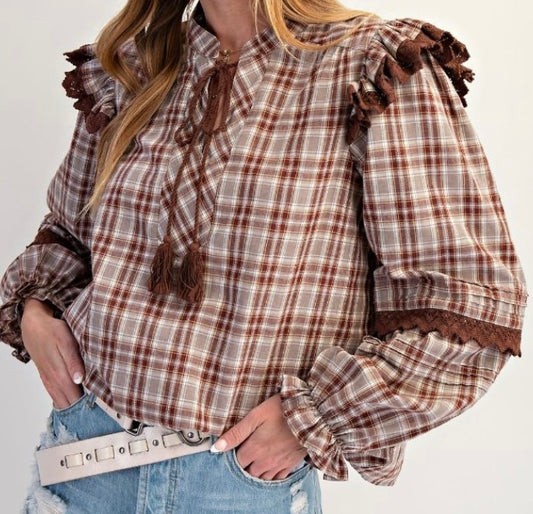 Crimson Plaid Tassel Top