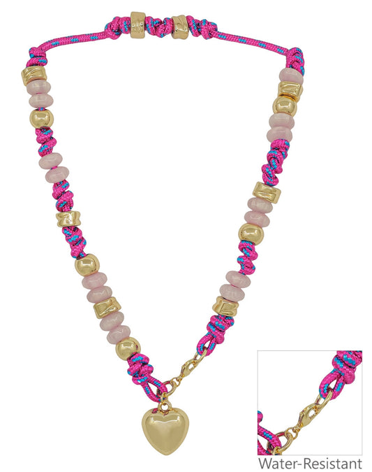 Hot Pink Threaded with Natural and Gold Beads with Puffy Heart Charm 16"-18" Necklace
