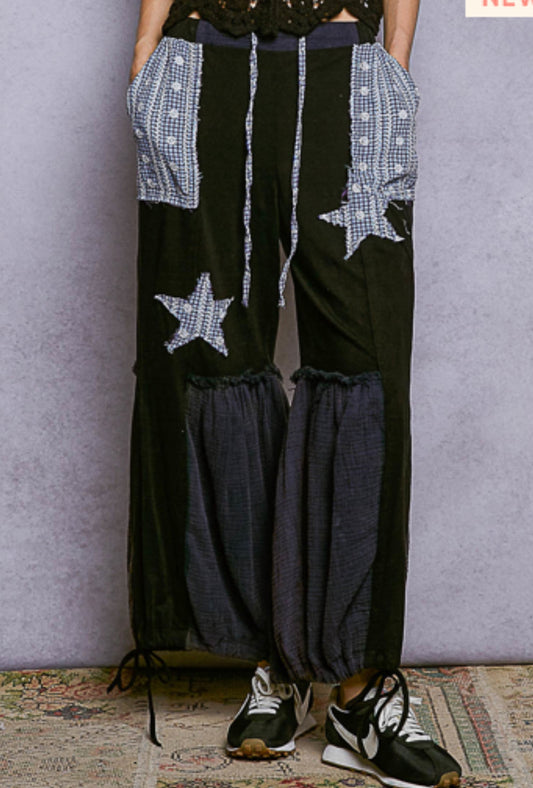 Black patchwork, flowy pants