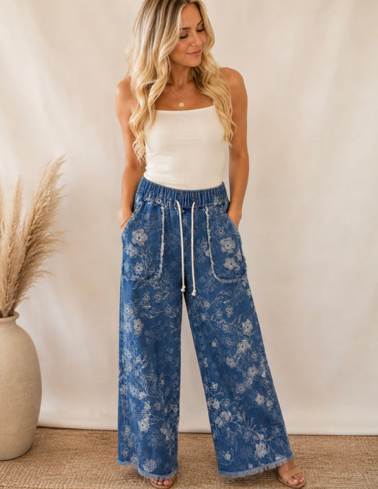 Oil & Hali Denim Floral patch Embroidered Pants