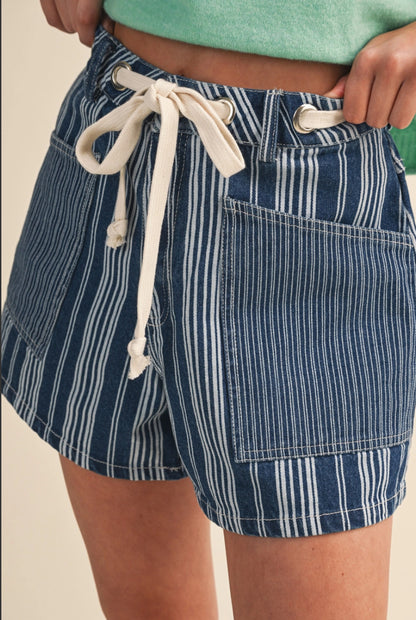 Striped dark denim shorts