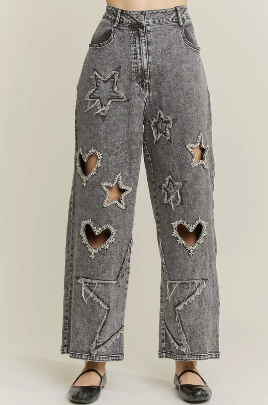 Black Mineral Rhinestone Cut out Jeans JHer
