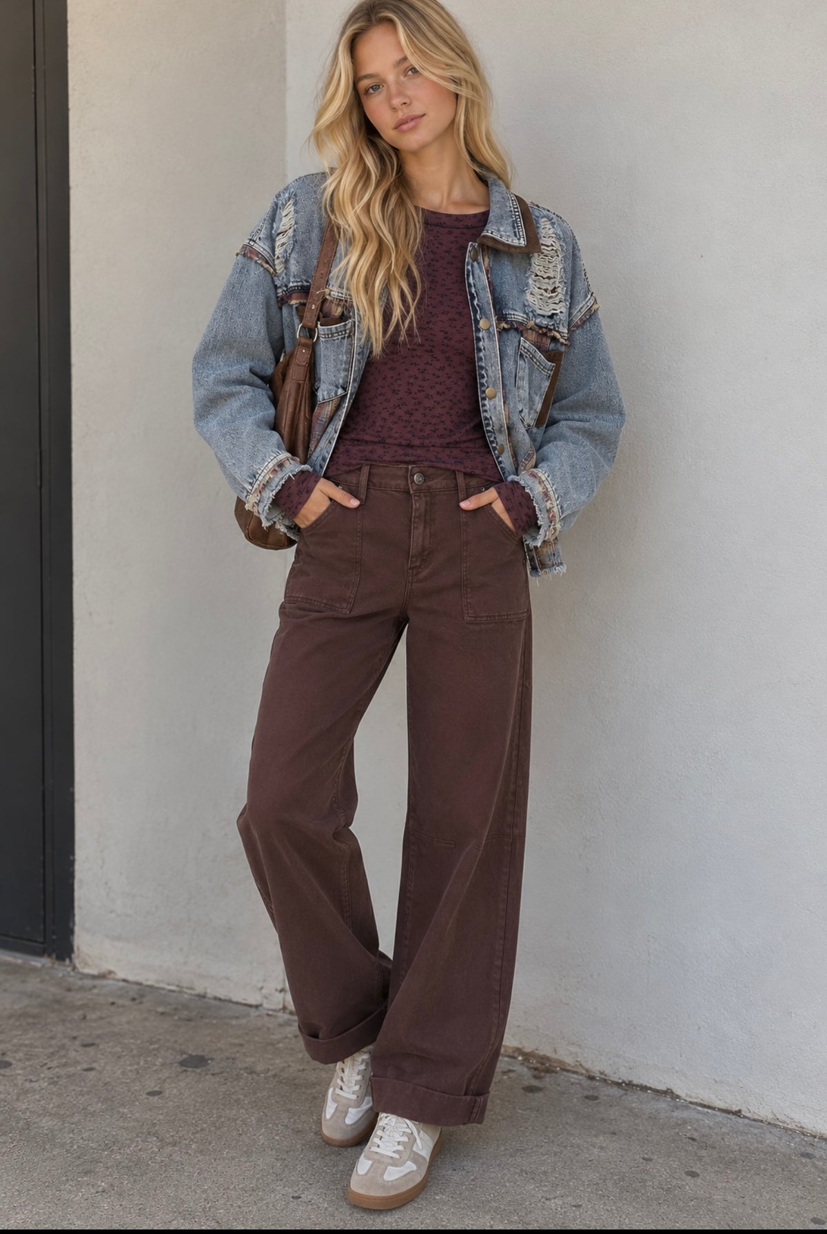 Risen PGA21344 Chocolate Brown High Rise Ankle Cuffed Barrel Pants Stretchy