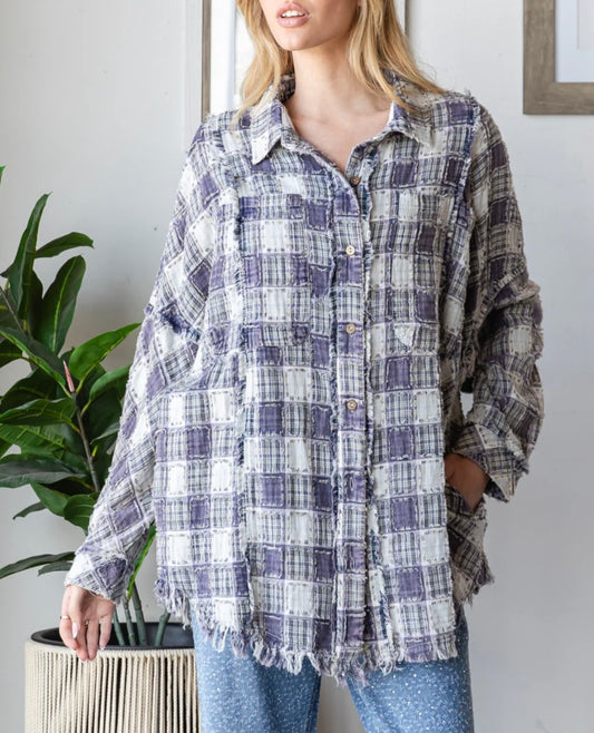 Washed Lavender Mixed Plaid Oversized Button up with Pockets