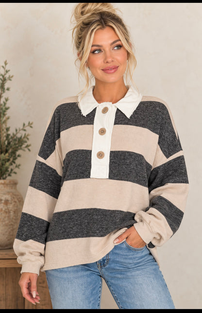 Z Striped Ruby Henley Button Tops