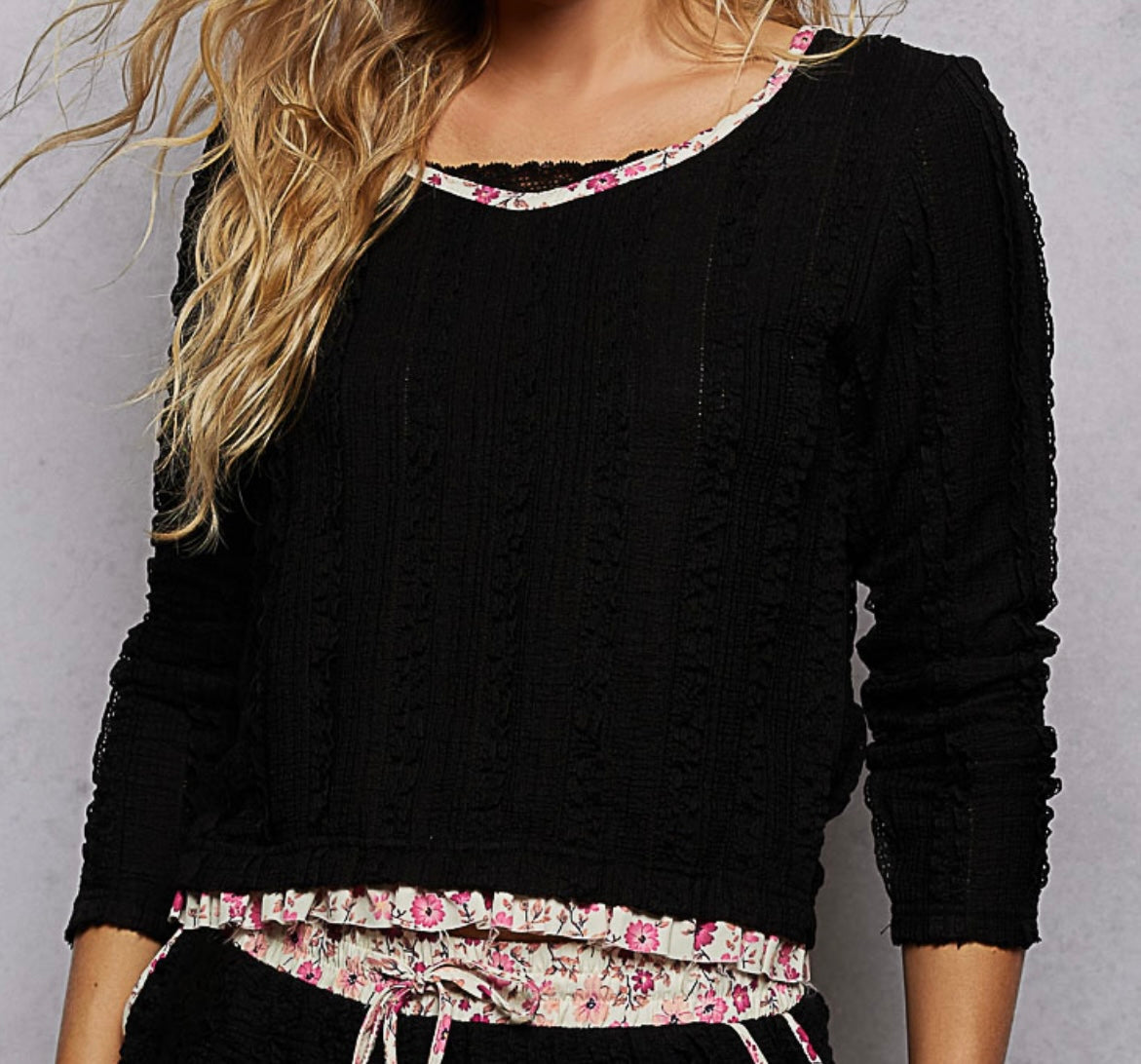 Black Ruffle Long Sleeve Top Pol