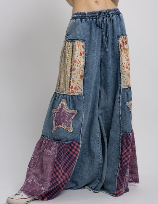 Denim Patchwork Star Pants