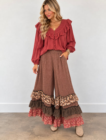 Easel Mocha Print Ruffle Bottom Mineral Washed Pants