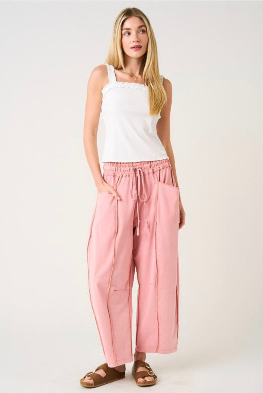 Misty Rose MINERAL WASH SEAM DETAIL PULL ON BARREL PANTS