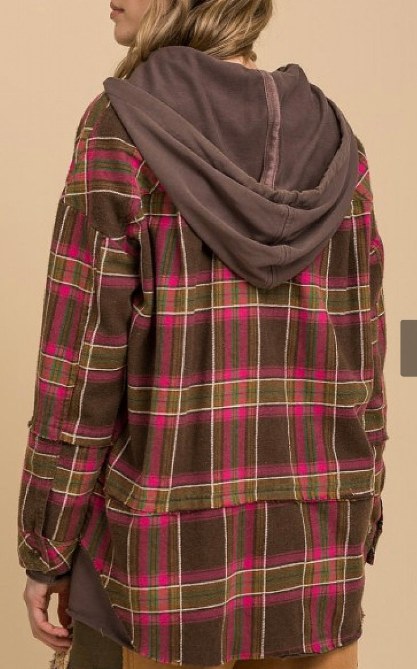 Brown and Dark Pink Plaid Hoodie Top