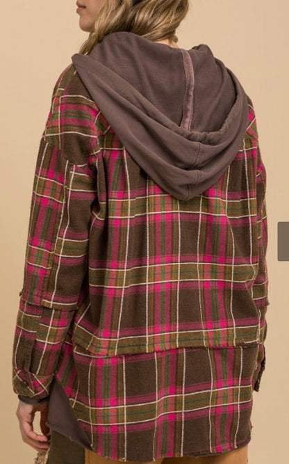 Brown and Dark Pink Plaid Hoodie Top