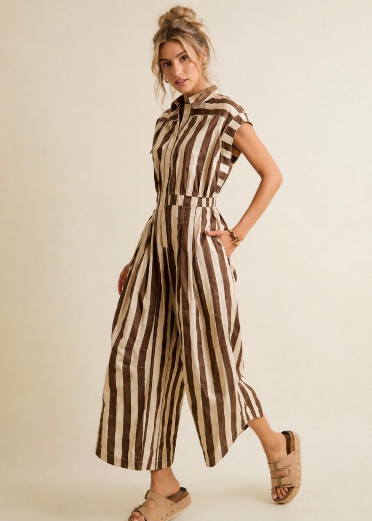 So Me Ivory/Brown Sleeveless Wide Stipe Jumpsuit
