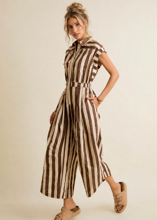 So Me Ivory/Brown Sleeveless Wide Stipe Jumpsuit