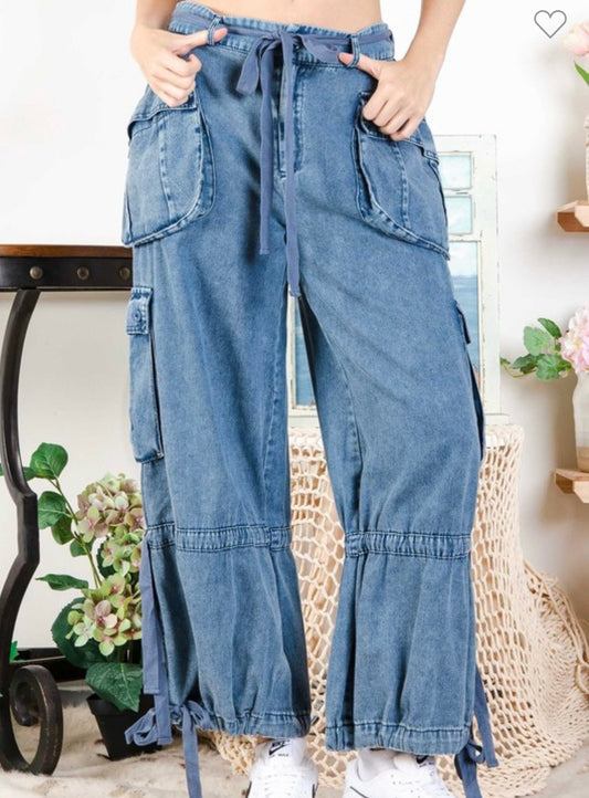 Belted Parachute Denim Cargo Pant/ Joggers BV