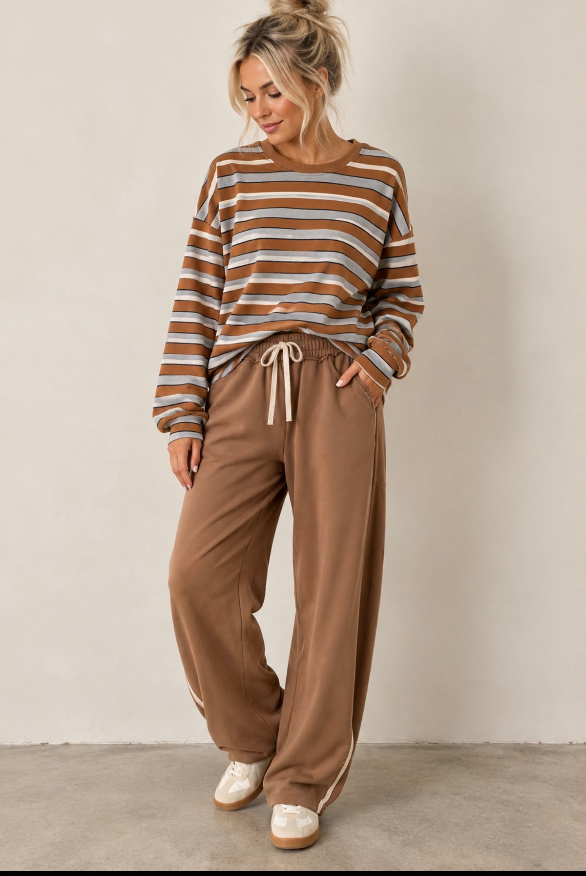 LACE TRIM BARREL LEG DRAWSTRING PANTS